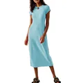 Detailed view of an elegant light blue short-sleeved slim-fit midi dress on a model. - S / Top And Bottom / Blue