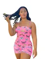 Detailed view of a pink romper featuring a vibrant multi-colored butterfly print - S / Top And Bottom / Rose Red