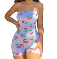 Sexy slim fit women's strapless romper jumpsuit featuring vibrant red cherry print - S / Top And Bottom / White