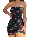 Detailed shot of a black strapless bodysuit with vibrant red cherry print for summer wear - S / Top And Bottom / Black