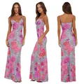 Slim fit spaghetti strap maxi dress featuring mesh floral leopard print in three-angle views - S / Pink