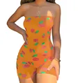 Detailed view of a sexy strapless tube top romper featuring a vibrant cherry print - S / Top And Bottom / Orange