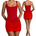 Red corset style mini dress with draped skirt front and back view - S / Top And Bottom / Red