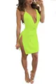 Sexy neon green halter neck mini dress with deep V-neck and high side slit detail - Fluorescent Green