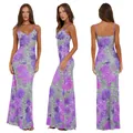 Detailed front side and back views of women's purple floral mesh cami maxi dress - S / Purple