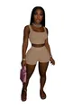 Two-piece tan athletic set with crop top and biker shorts shown on a female model - S / Top And Bottom / Khaki