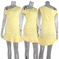 Comprehensive front side and back views of a yellow one shoulder ruched bodycon mini dress - S / Tops / Yellow