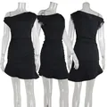 Three-angle view of a black one-shoulder mini dress with pleated waist and ruffled hem - S / Tops / Black