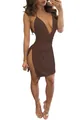 Gedetailleerd beeld van sexy bruine halterloze mini-jurk met een hoge zijsplit ontwerp - XS / Boven- En Onderstuk / Donker Koffie