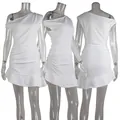 Detailed view of a white one-shoulder dress with pleated ruffles and an irregular hem line - S / Tops / White