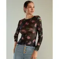 Sexy sheer black mesh long sleeve floral print top with slim fit silhouette - S / Tops / Paisley Floral