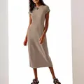 Sophisticated khaki short sleeve slim fit bodycon midi dress for summer evening wear - S / Top And Bottom / Khaki
