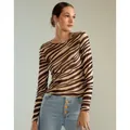 Elegant zebra print mesh long sleeve top for women with slim fit and round neck design - S / Tops / Striped