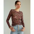 Sexy sheer mesh long sleeve T-shirt with red heart print on black background - S / Tops / Abstract Dots