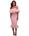 Elegant pink off-the-shoulder bodycon midi dress with ruffled chest and fishtail hem. - S / Bottoms / Pink