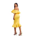 Detailed visual of a yellow off-shoulder midi dress featuring elegant layered ruffle trim - XL / Bottoms / Yellow
