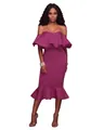 Full view of elegant purple off-shoulder bodycon dress with ruffled flounce detail at hem - S / Bottoms / Purple