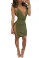 Detail of olive green sexy backless low-cut halter mini dress with a high side slit - S / Top And Bottom / Army Green