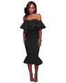 Detailed look at black off-the-shoulder dress with elegant ruffle and mermaid hem - S / Bottoms / Black