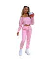 Close-up of pink off-the-shoulder fleece crop top and matching high-waisted sweatpants - S / Top And Bottom / Pink