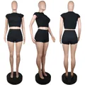 Three-way view of a black bubble knit two-piece set featuring a crop top and matching shorts - S / Top And Bottom / Black