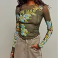 Vintage floral print mesh double layer slim fit long sleeve T-shirt for women in olive green - S / Tops / Army Green