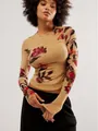 Slim fit double layer mesh long sleeve T-shirt with vintage floral digital print - S / Tops / Khaki