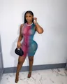 Close-up of colorful gradient mesh bodycon dress with hollow-out lace texture for women. - S / Patchwork / Multicolor