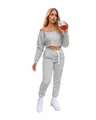 Fashionable grey off-the-shoulder crop sweatshirt and matching joggers fleece set for women - S / Top And Bottom / Gray