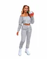 Fashionable grey off-the-shoulder crop sweatshirt and matching joggers fleece set for women - S / Top And Bottom / Gray