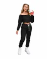 Solid black two-piece off-shoulder fleece tracksuit for casual autumn/winter wear - S / Top And Bottom / Black