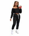Solid black two-piece off-shoulder fleece tracksuit for casual autumn/winter wear - S / Top And Bottom / Black