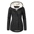 Front view of women's black hooded parka with thick white fleece lining and pockets - S / Tops / Black