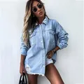 Stylish women's mid-length light wash denim jacket with ripped hem and sleeves - S / Tops / Light Blue