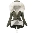 Detailed front view of women's olive green parka jacket featuring white plush faux fur hood - S / Tops / Army Green With White Fur Collar