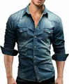 Slim fit men's denim shirt in faded blue with long sleeves and dual chest pockets. - S / Tops / Dark Blue