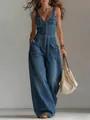 Front view of a dark washed denim jumpsuit with cinched waist and wide leg - S / Top And Bottom / Dark Blue