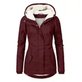 Front view of women's burgundy winter parka jacket with a thick white fleece-lined hood - S / Tops / Burgundy