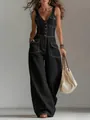Full view of black sleeveless denim jumpsuit with contrast stitching and wide leg cut. - S / Top And Bottom / Black