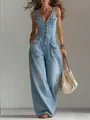 Full length view of light blue denim jumpsuit with sleeveless wide leg and button detail - S / Top And Bottom / Sky Blue