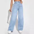 Model wearing stylish light blue high-waisted wide-leg denim jeans against white. - S / Bottoms / 207 Light Blue