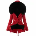 Slim fit red women's winter parka with large black faux fur hood and drawstring waist. - Red Jacket Black Collar