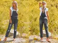 Peto vaquero gris desgastado para mujer con vista frontal y trasera en entorno natural - US XS/2 / Bottoms / Gris