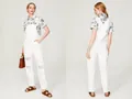 Women's distressed white denim overalls jumpsuit with front and back view details - US XS/2 / Bottoms / White