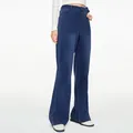 Stylish high-waisted straight leg denim jeans in navy blue worn by model in studio - S / Bottoms / Dark Blue