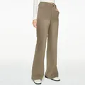 Full-length view of women's high-waisted straight leg casual trousers in taupe color. - Khaki