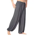 Close-up of men's loose dark grey yoga pants with elastic waistband and gathered cuffs. - S / Bottoms / Dark Gray