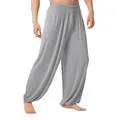 Comfortable men's loose light grey yoga pants with elastic waist and gathered ankles - S / Bottoms / Light Gray