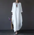 Elegant white linen maxi dress with round neck and comfortable loose fit style detail - L / Top And Bottom / White