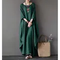 Elegant oversized green linen dress for women with round neck and bohemian style. - L / Top And Bottom / Dark Green
